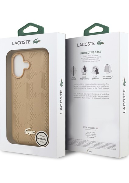 iPhone 17 Uyumlu Kılıf Lacoste Lisanslı M-Safeli Pu Deri Karışık Monogram Desenli Kapak Bej