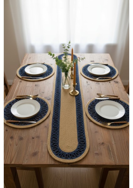 Jutty Hasır Görünümlü 5 Parça Jüt Masa Takımı Örgü Lacivert Natural 4’lü Amerikan Supla 1 Runner
