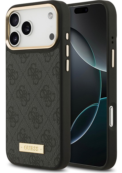 iPhone 17 Pro Max Uyumlu Kılıf Guess Lisanslı M-Safeli 4g Desenli Pu Metal Plaka Klasik Logolu Siyah