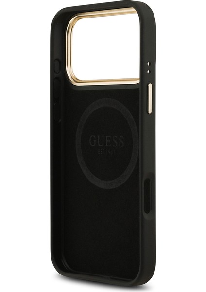 iPhone 17 Pro Max Uyumlu Kılıf Guess Lisanslı M-Safeli 4g Desenli Pu Metal Plaka Klasik Logolu Siyah