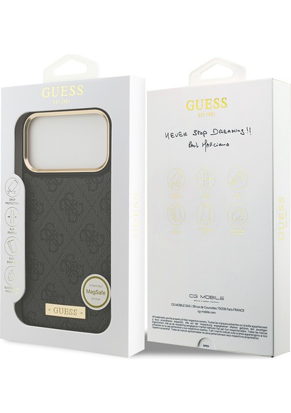 iPhone 17 Pro Max Uyumlu Kılıf Guess Lisanslı M-Safeli 4g Desenli Pu Metal Plaka Klasik Logolu Siyah