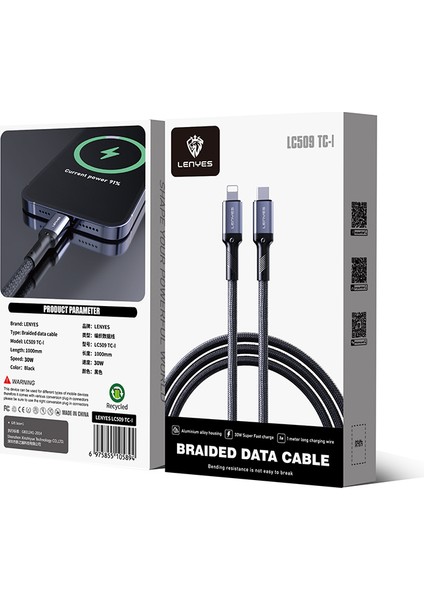 LC509 Type-C To Lightning Pd 30W Örgü Tasarımlı Hızlı Şarj Özellikli Şarj Kablosu 1m Siyah fiyatları