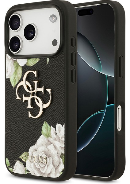 iPhone 17 Pro Uyumlu Kılıf Guess Orjinal Lisanslı Gül Baskılı Büyük Metal Logo Dizaynlı Kapak Siyah
