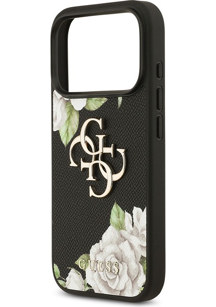 iPhone 17 Pro Uyumlu Kılıf Guess Orjinal Lisanslı Gül Baskılı Büyük Metal Logo Dizaynlı Kapak Siyah