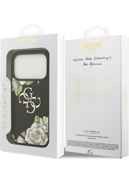 iPhone 17 Pro Uyumlu Kılıf Guess Orjinal Lisanslı Gül Baskılı Büyük Metal Logo Dizaynlı Kapak Siyah