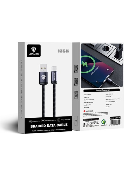 LC537 Usb-A To Type-C Örgü Tasarımlı Hızlı Şarj Özellikli Data ve Şarj Kablosu 10W 1m Siyah