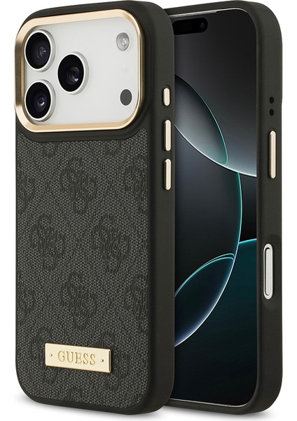 iPhone 17 Pro Uyumlu Kılıf Guess Lisanslı M-Safeli 4g Desenli Pu Metal Plaka Klasik Logolu Siyah
