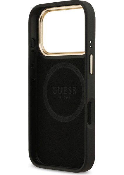 iPhone 17 Pro Uyumlu Kılıf Guess Lisanslı M-Safeli 4g Desenli Pu Metal Plaka Klasik Logolu Siyah
