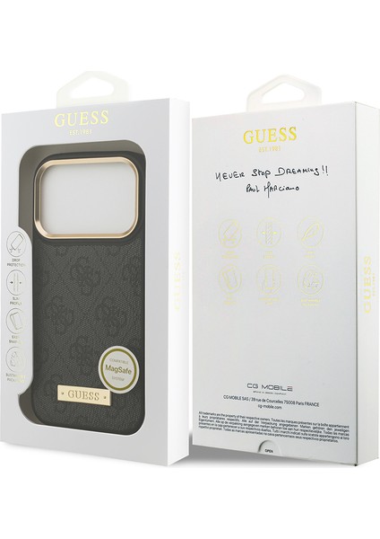 iPhone 17 Pro Uyumlu Kılıf Guess Lisanslı M-Safeli 4g Desenli Pu Metal Plaka Klasik Logolu Siyah