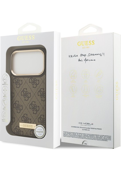 iPhone 17 Pro Uyumlu Kılıf Guess Lisanslı M-Safeli 4g Desen Pu Metal Plaka Klasik Logolu Kahverengi