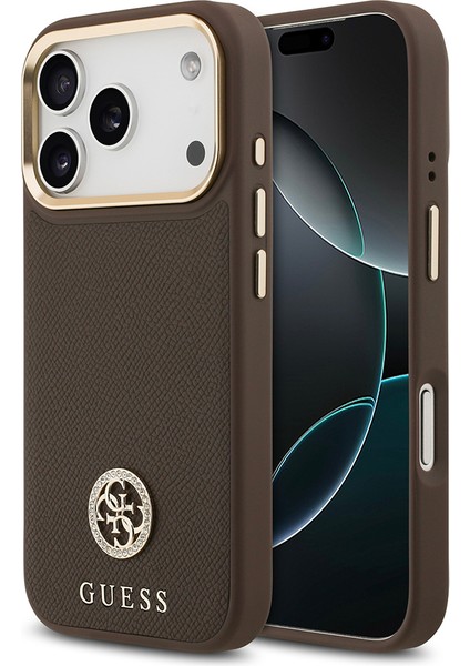 iPhone 17 Pro Uyumlu Kılıf Guess Lisanslı M-Safeli Grained Yazı ve Taşlı 4g Logolu Kapak Kahverengi