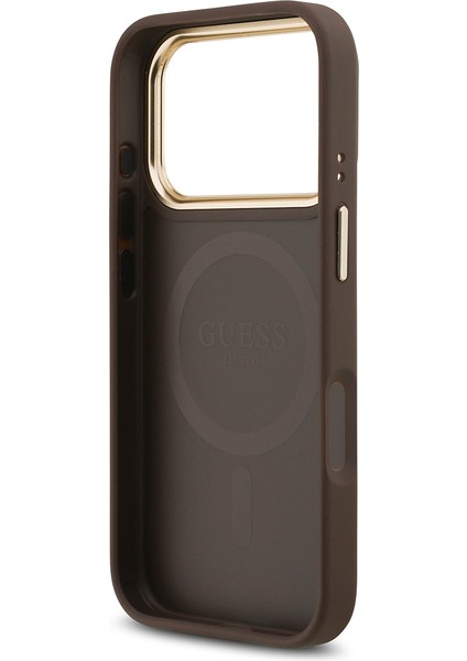iPhone 17 Pro Uyumlu Kılıf Guess Lisanslı M-Safeli Grained Yazı ve Taşlı 4g Logolu Kapak Kahverengi