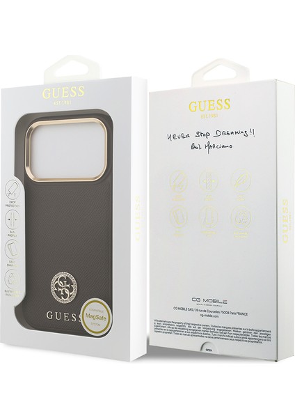 iPhone 17 Pro Uyumlu Kılıf Guess Lisanslı M-Safeli Grained Yazı ve Taşlı 4g Logolu Kapak Kahverengi