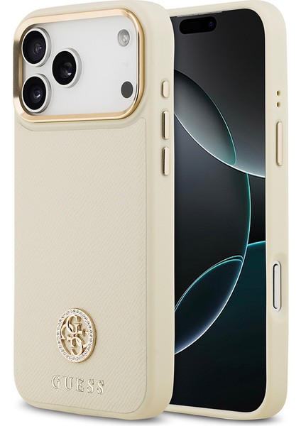 iPhone 17 Pro Max Uyumlu Kılıf Guess Lisanslı M-Safeli Grained Yazı ve Taşlı 4g Logolu Kapak Bej