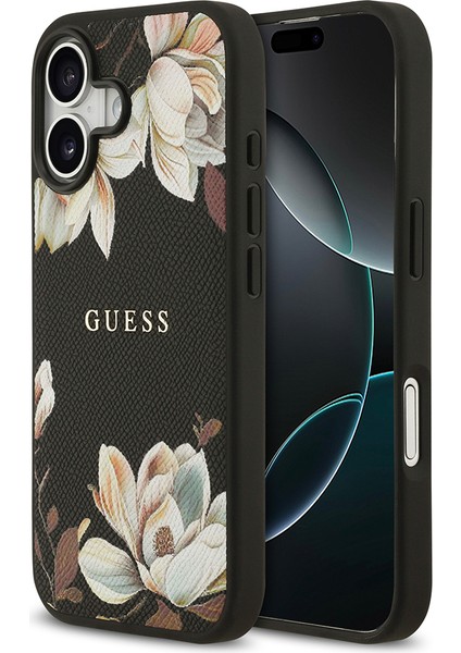 iPhone 17 Uyumlu Kılıf Guess Lisanslı M-Safeli Taneli Çiçek Tasarımlı Metal Yazı Logolu Kapak Siyah