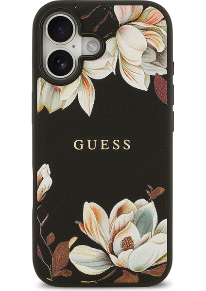iPhone 17 Uyumlu Kılıf Guess Lisanslı M-Safeli Taneli Çiçek Tasarımlı Metal Yazı Logolu Kapak Siyah modelleri