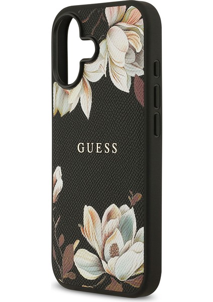 iPhone 17 Uyumlu Kılıf Guess Lisanslı M-Safeli Taneli Çiçek Tasarımlı Metal Yazı Logolu Kapak Siyah