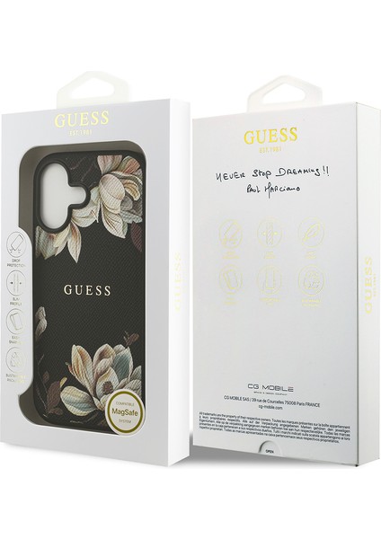 iPhone 17 Uyumlu Kılıf Guess Lisanslı M-Safeli Taneli Çiçek Tasarımlı Metal Yazı Logolu Kapak Siyah
