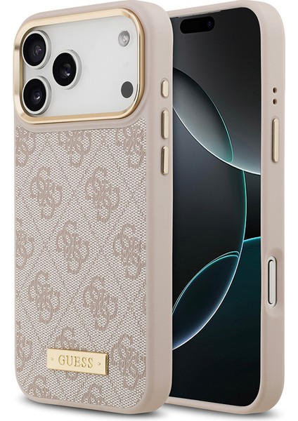 iPhone 17 Pro Max Uyumlu Kılıf Guess Lisanslı M-Safeli 4g Desenli Pu Metal Plaka Klasik Logolu Pembe
