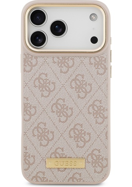 iPhone 17 Pro Max Uyumlu Kılıf Guess Lisanslı M-Safeli 4g Desenli Pu Metal Plaka Klasik Logolu Pembe modelleri