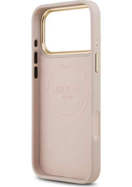 iPhone 17 Pro Max Uyumlu Kılıf Guess Lisanslı M-Safeli 4g Desenli Pu Metal Plaka Klasik Logolu Pembe