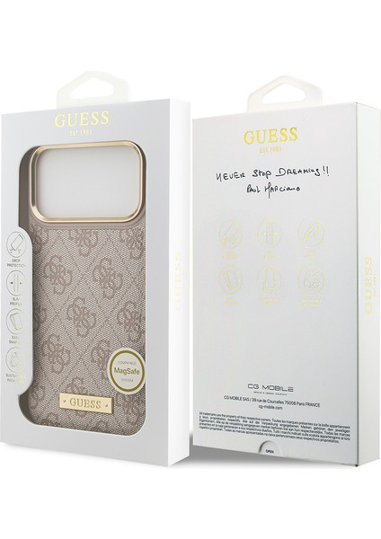 iPhone 17 Pro Max Uyumlu Kılıf Guess Lisanslı M-Safeli 4g Desenli Pu Metal Plaka Klasik Logolu Pembe