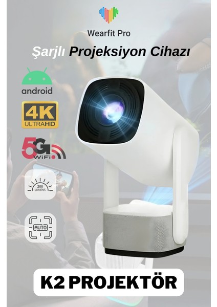 K2 Powerbank Şarjlı 4K Çözünürlük Android Projeksyion Cihazı 5g Wifi Destekli Full Hd Projektör