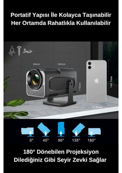 HY320 Mini 720P Android Wireless Bluetooth Destekli Projeksiyon Cihazı Siyah indirimleri