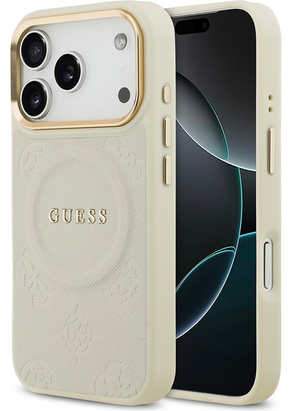 iPhone 17 Pro Uyumlu Kılıf Guess Lisanslı M-Safeli Sıcak Baskılı Yazı Logolu Pu Deri Peony Kapak Bej
