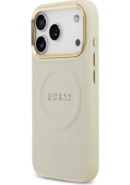 iPhone 17 Pro Uyumlu Kılıf Guess Lisanslı M-Safeli Sıcak Baskılı Yazı Logolu Pu Deri Peony Kapak Bej fiyatları