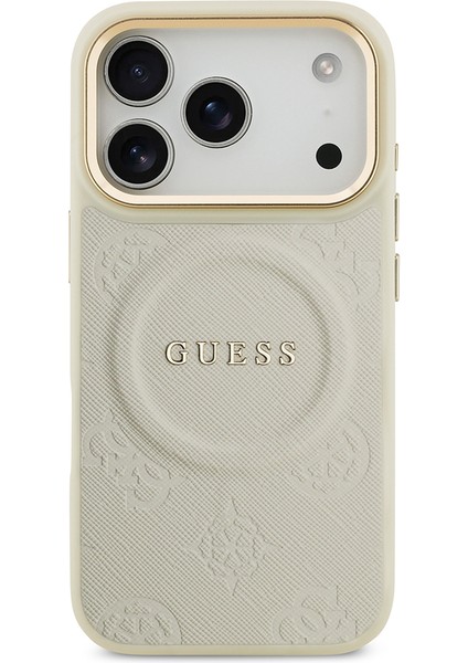 iPhone 17 Pro Uyumlu Kılıf Guess Lisanslı M-Safeli Sıcak Baskılı Yazı Logolu Pu Deri Peony Kapak Bej modelleri