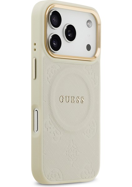 iPhone 17 Pro Uyumlu Kılıf Guess Lisanslı M-Safeli Sıcak Baskılı Yazı Logolu Pu Deri Peony Kapak Bej fırsatları