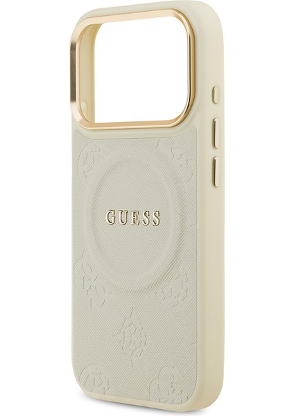 iPhone 17 Pro Uyumlu Kılıf Guess Lisanslı M-Safeli Sıcak Baskılı Yazı Logolu Pu Deri Peony Kapak Bej