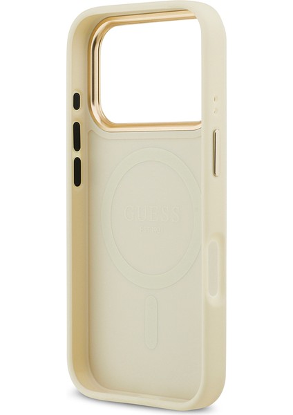 iPhone 17 Pro Uyumlu Kılıf Guess Lisanslı M-Safeli Sıcak Baskılı Yazı Logolu Pu Deri Peony Kapak Bej