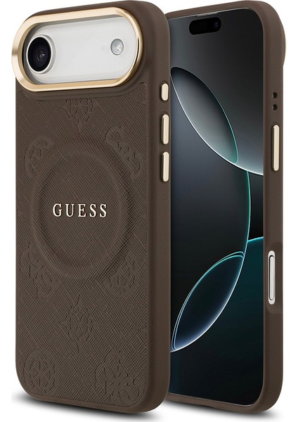 iPhone 17 Air Uyumlu Kılıf Guess Lisanslı M-Safeli Sıcak Baskı Yazı Logolu Pu Deri Peony Kahverengi