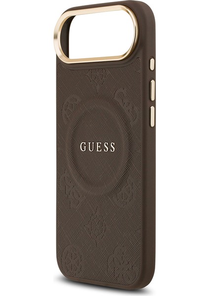 iPhone 17 Air Uyumlu Kılıf Guess Lisanslı M-Safeli Sıcak Baskı Yazı Logolu Pu Deri Peony Kahverengi