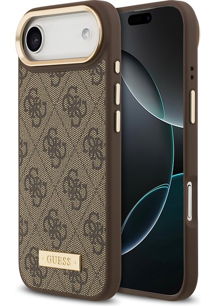 iPhone 17 Air Uyumlu Kılıf Guess Lisanslı M-Safeli 4g Desen Pu Metal Plaka Klasik Logolu Kahverengi