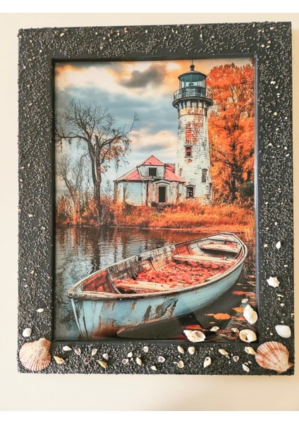 Antrasit Gri Ahşap Çerçeveli Epoksi Tablo - Deniz Feneri ve Sandal Tasarımı