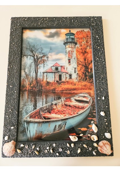 Antrasit Gri Ahşap Çerçeveli Epoksi Tablo - Deniz Feneri ve Sandal Tasarımı fiyatları