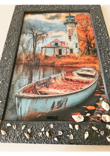 Antrasit Gri Ahşap Çerçeveli Epoksi Tablo - Deniz Feneri ve Sandal Tasarımı modelleri