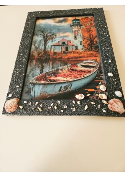 Antrasit Gri Ahşap Çerçeveli Epoksi Tablo - Deniz Feneri ve Sandal Tasarımı fırsatları