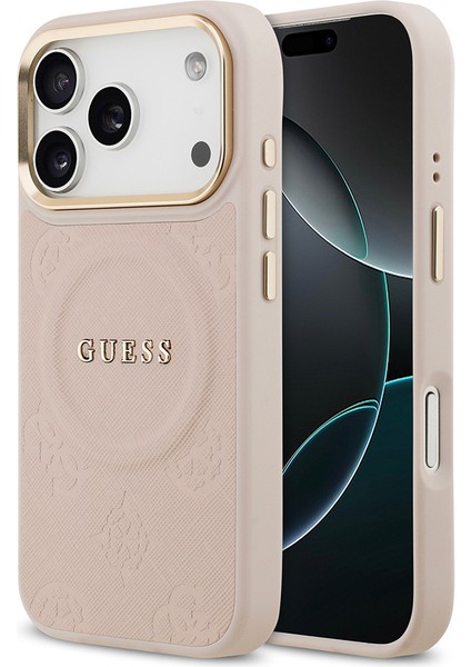 iPhone 17 Pro Uyumlu Kılıf Guess Lisanslı M-Safeli Sıcak Baskılı Yazı Logolu Pu Deri Peony Pembe