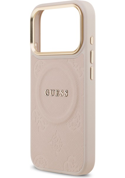 iPhone 17 Pro Uyumlu Kılıf Guess Lisanslı M-Safeli Sıcak Baskılı Yazı Logolu Pu Deri Peony Pembe