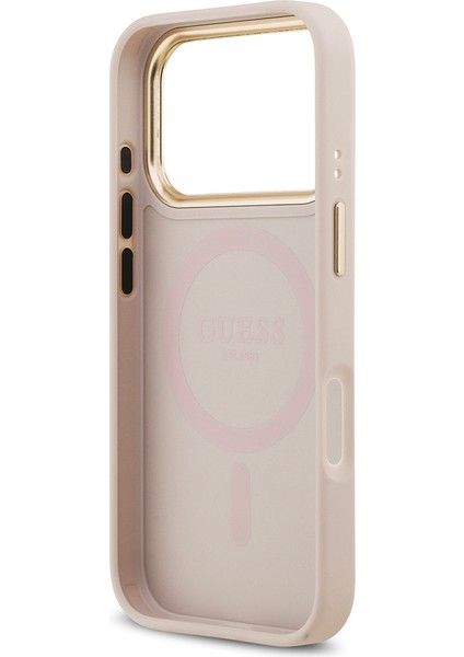 iPhone 17 Pro Uyumlu Kılıf Guess Lisanslı M-Safeli Sıcak Baskılı Yazı Logolu Pu Deri Peony Pembe