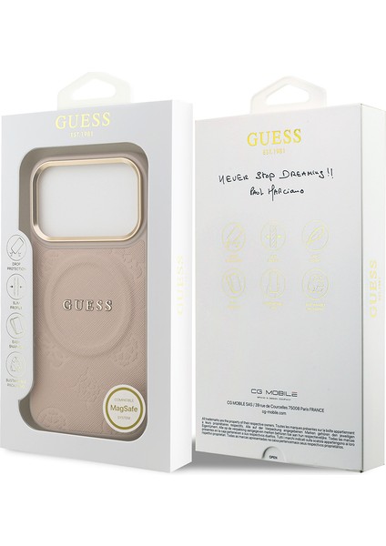 iPhone 17 Pro Uyumlu Kılıf Guess Lisanslı M-Safeli Sıcak Baskılı Yazı Logolu Pu Deri Peony Pembe