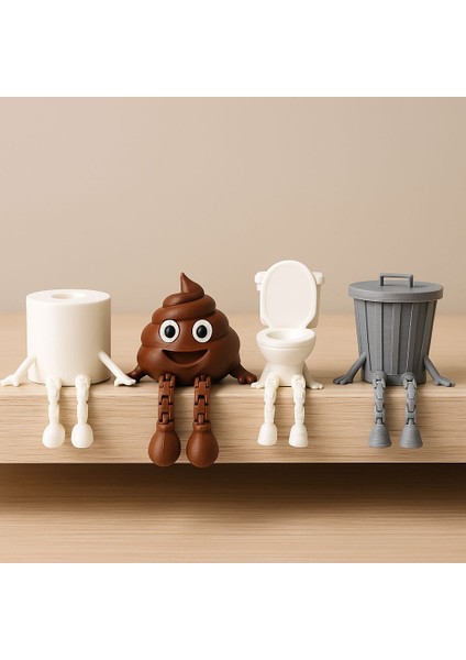 4'lü Eğlenceli Banyo Dekoratif Figür Seti /tuvalet Kağıdı, Kaka Emojisi, Çöp Kovası, Klozet Aksesuar