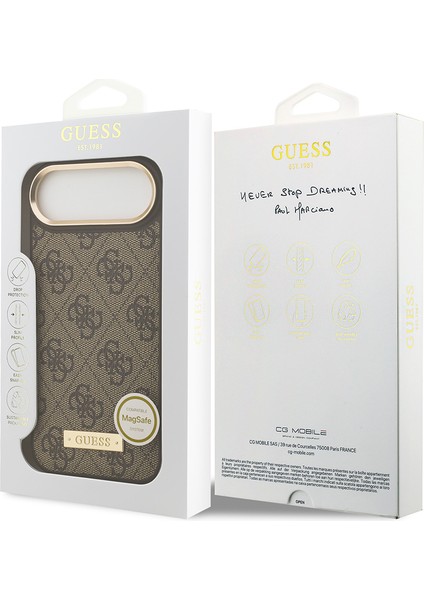 iPhone 17 Air Uyumlu Kılıf Guess Lisanslı M-Safeli 4g Desen Pu Metal Plaka Klasik Logolu Kahverengi
