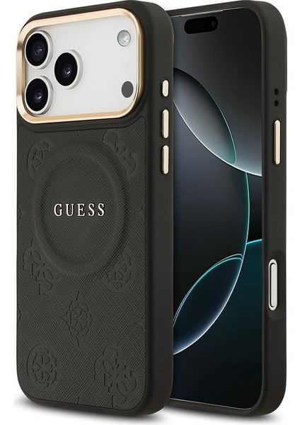 iPhone 17 Pro Max Uyumlu Kılıf Guess Lisanslı M-Safeli Sıcak Baskılı Yazı Logolu Pu Deri Peony Siyah