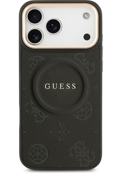 iPhone 17 Pro Max Uyumlu Kılıf Guess Lisanslı M-Safeli Sıcak Baskılı Yazı Logolu Pu Deri Peony Siyah modelleri