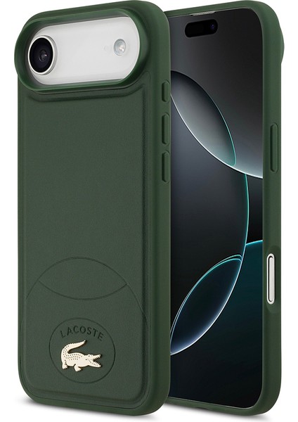 iPhone 17 Air Uyumlu Kılıf Lacoste Lisanslı M-Safe Şarj Özellikli Pu Deri Metal Logolu Kapak Yeşil
